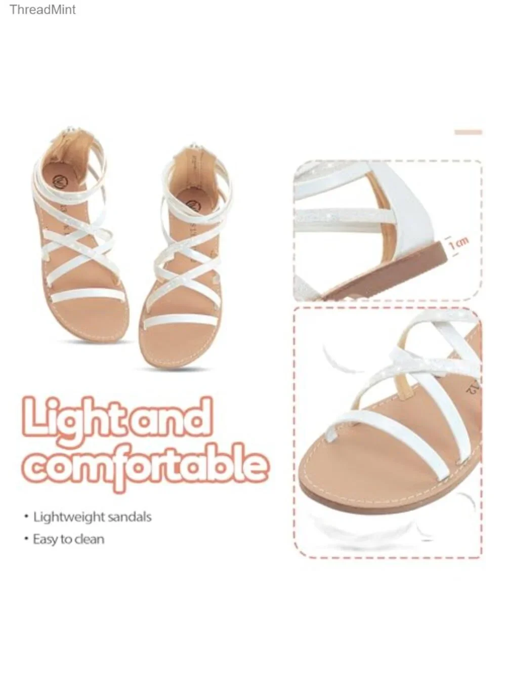 Girls Strappy Gladiator Sandals with Zipper, Lightweight Rubber Sole